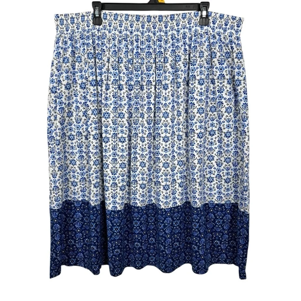 Croft & Barrow Cottagecore White & Blue Floral Elastic Waist Midi Skirt Size 1X